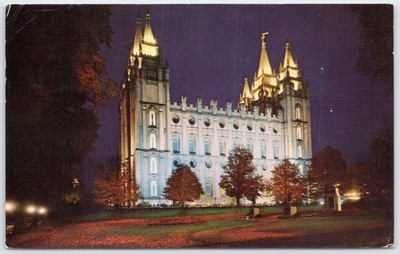 Vintage Salt Lake Temple Utah Night View Postcard Bingham Canyon Postmark