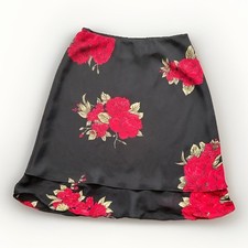 Vintage Floral Midi Skirt Black Red Rose Tiered Ruffle Boho Cottagecore Y2K 10p