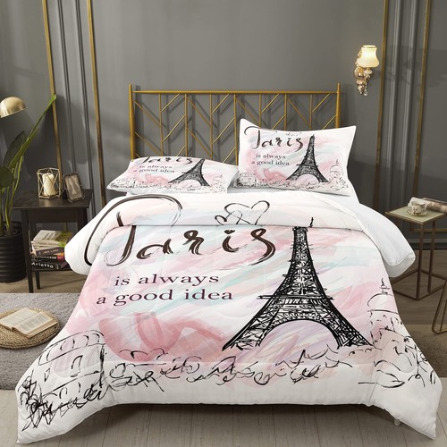 Bodhi Full Size Paris Comforter Set,Girls Pink Bedding Set,Cartoon Eiffel Tow... - Imagen 1 de 8