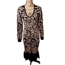 Cliche Animal Print Sweater Dress Long Sleeve Midi Evening Cocktail Size Large