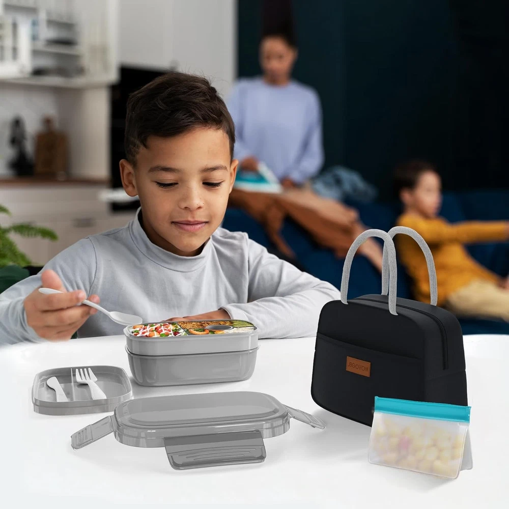 Stackable Bento Box Set - 3 Leak-Proof BPA-Free Containers in Grey & Black
