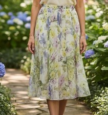 Y2K Silk Floral Midi Skirt Women s 8 Med Pleated Flowy Feminine Fairy Garden