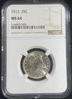 1912 Silver Barber Quarter Dollar NGC MS 64 Lustrous White Surfaces