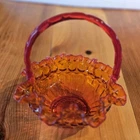 Vtg Amberina Orange/Red Glass Decorative Basket with Handle and Ruffled Edge