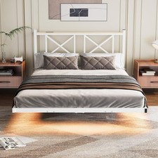 4ft6 Double Floating Bed Frame with LED Lights and Charging Station, Metal Platf