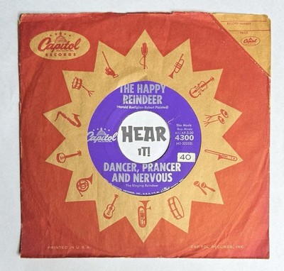 50s Christmas Novelty Rocker 45 DANCER, PRANCER & NERVOUS Happy Reindeer CAPITOL