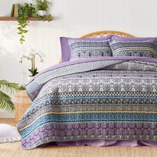 3 Pieces Colorful Bohemian Quilt Set King Size, Purple n Grey Boho Striped Pr...