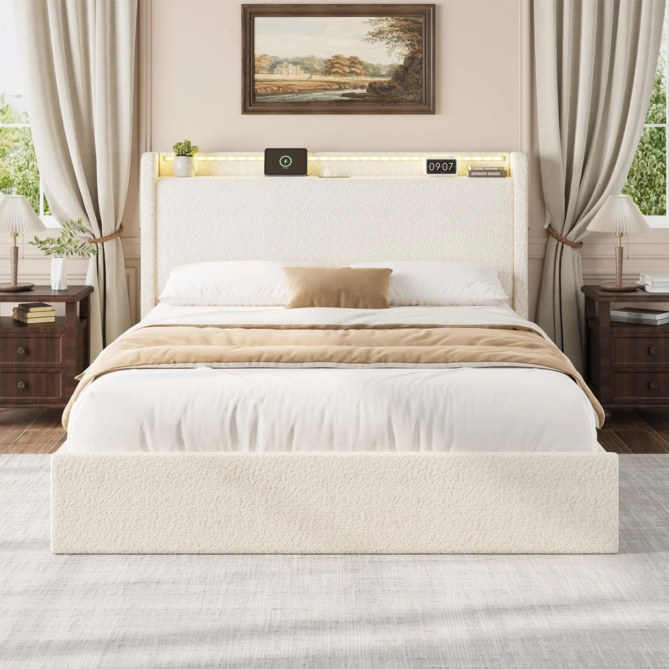 Marco de cama Boucle tamaño queen completo con cabecero de almacenamiento, marco de cama tapizado Foto 3 de 4