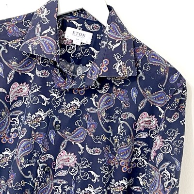 Eton Hemd Herren Größe Large L Langarm Lila Blau Paisley Slim Fit