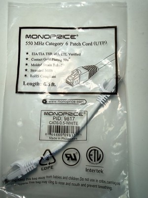 10-Pack Monoprice Cat6 Ethernet Patch Cable - 0.5ft - White 550MHz, UTP, 24AWG