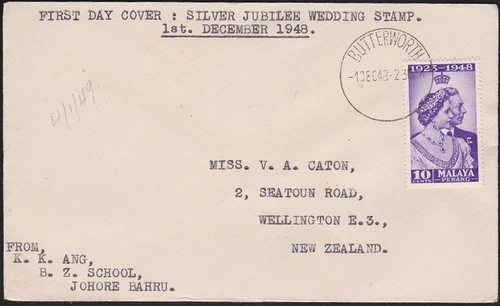MALAYA PENANG 1948 Silver Wedding 10c on FDC to New Zealand................D8647