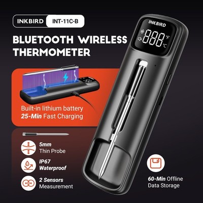 INKBIRD Bluetooth Wireless Meat Thermometer INT-11C-B Dual Probes Tem Alarm IP67