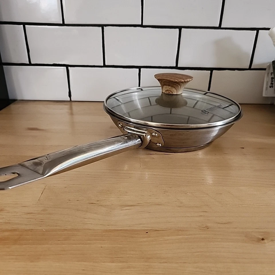 Sartén Winco de acero inoxidable 8" SSFP-8 con tapa de vidrio Masterclass bonita premium Foto 2 de 4