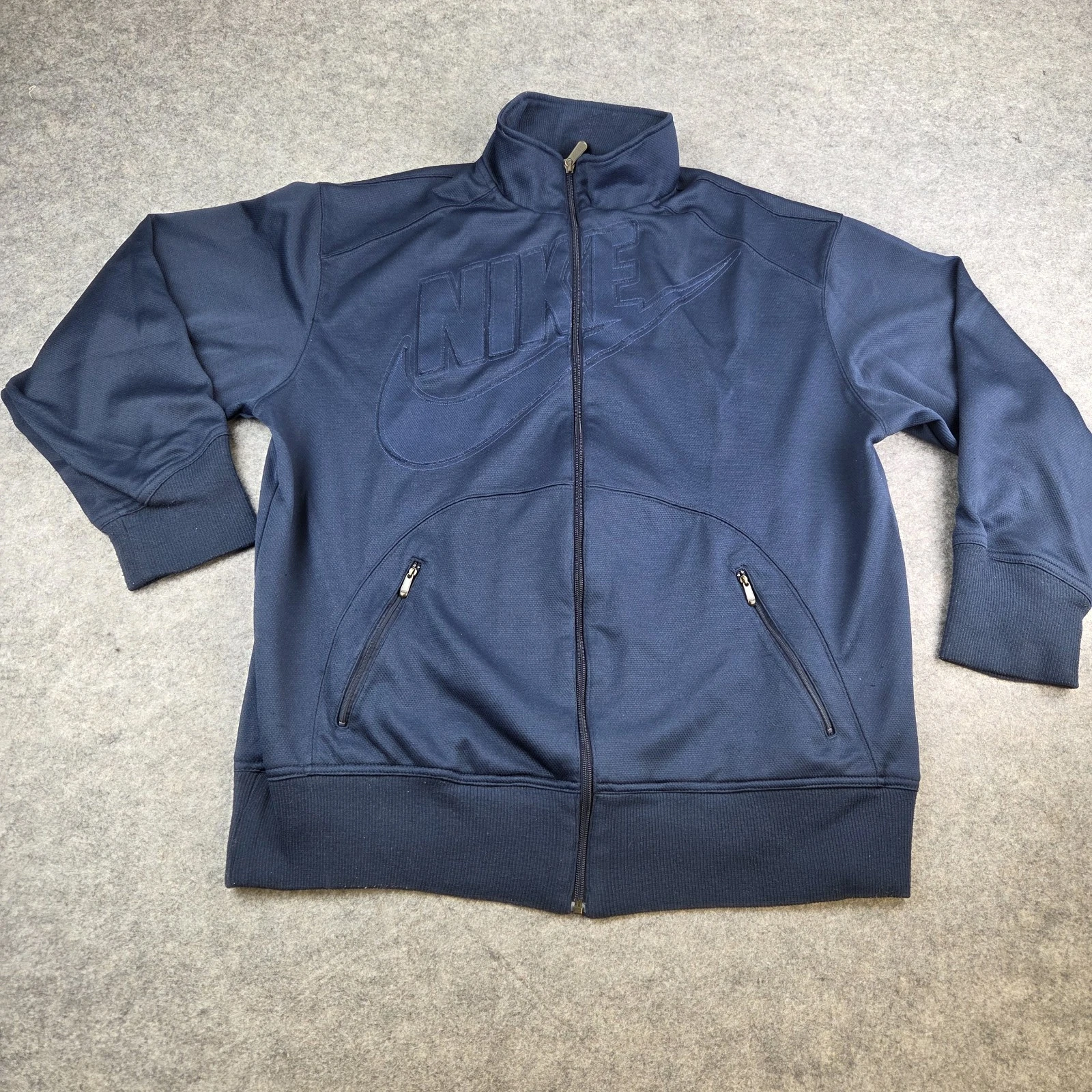 Vintage Nike Men's Navy Blue Large Full Zip Track Jacket Embossed Big Swoosh 90s
