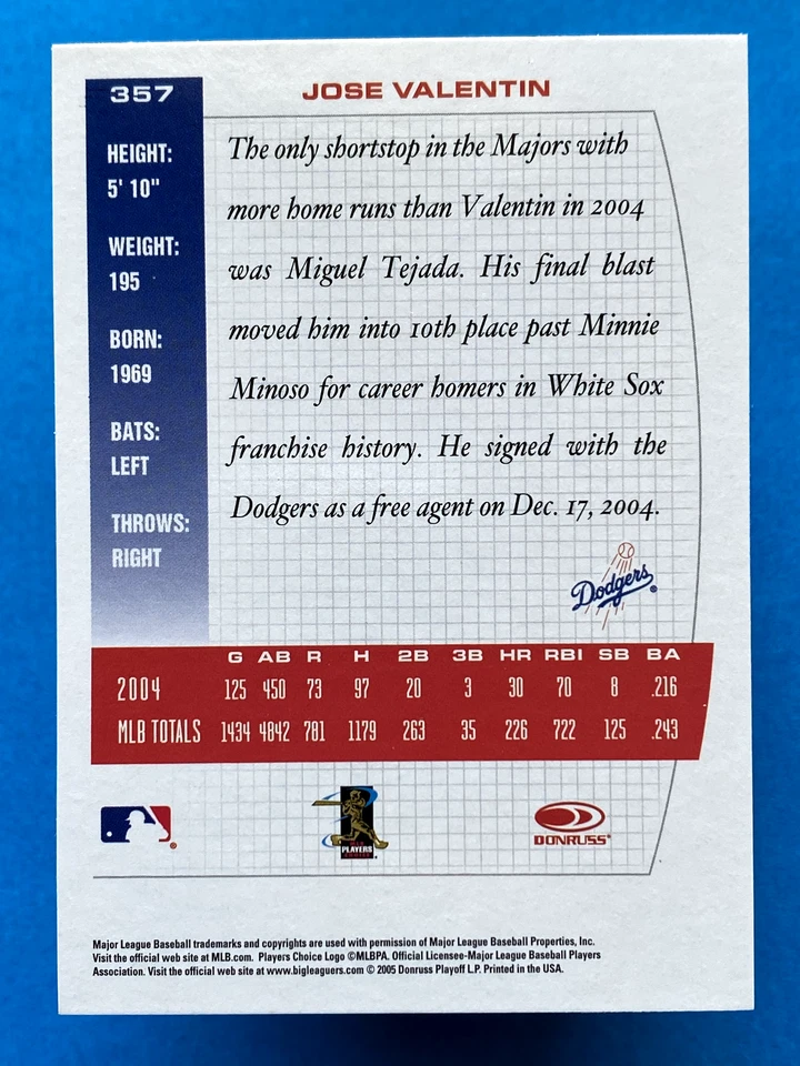 2005 Donruss Team Heroes Jose Valentin #357 - Image 2 of 2