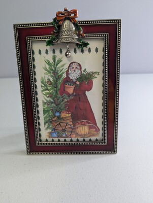 Old World Santa Picture In Frame W/ Pewter Bell Glass Front 4 x 6 Star Of Wonder