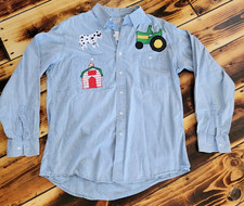 Vtg L.L. Bean Cotton Long Sleeve Shirt Farm Theme Patches Hand Stitched Large