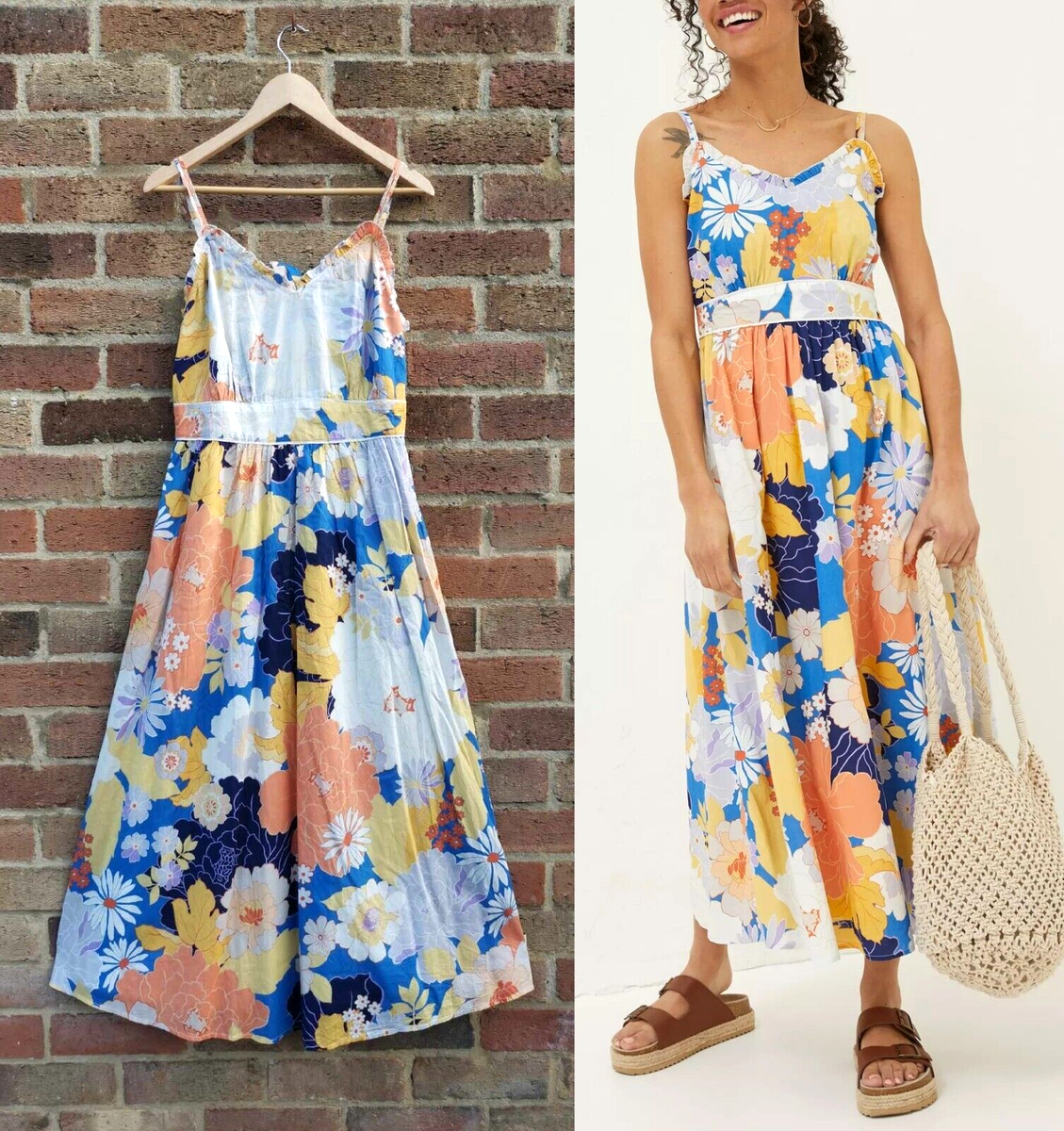 Fat Face Jayden Blue Yellow Floral Coastal Midi Maxi Summer Dress size 14  42 R