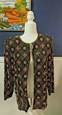 VTG Stenay Black Metallic Gold Purple Bead 100 Silk Cardigan Sz XL Extra Large