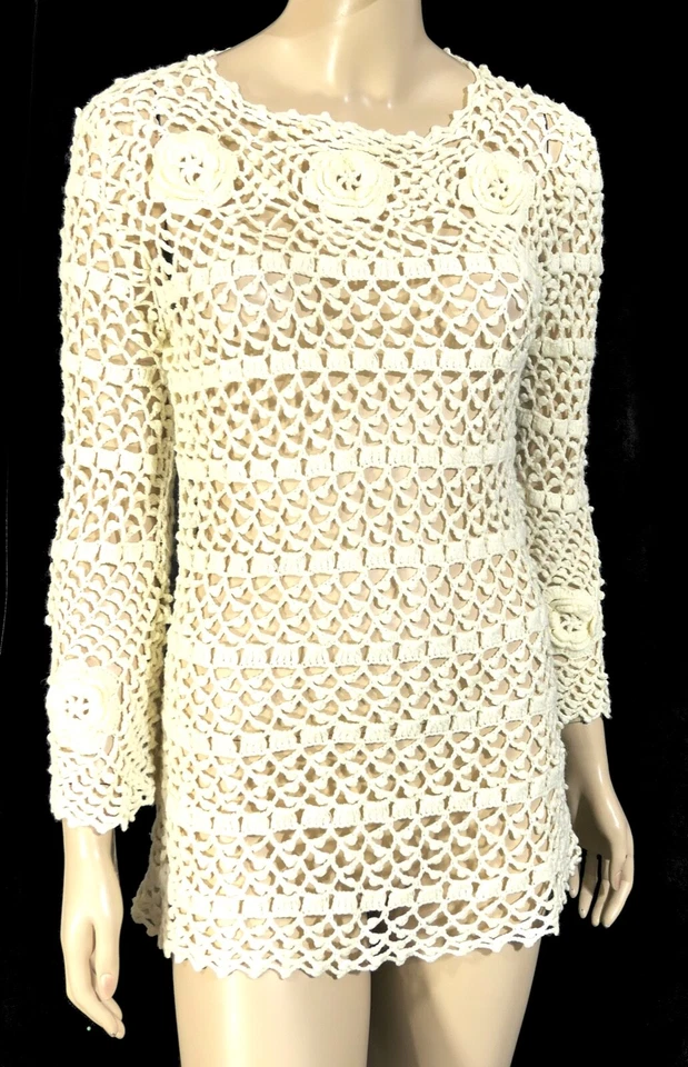 Vintage 70s LeRoy Sweater Sexy Hollow Cut Out Fishnet Flower Bell Mod Go Go M - Image 3 of 4