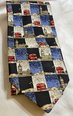 Marks & Spencer 100% Silk Tie Necktie London Big Ben Double Decker Bus