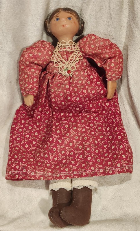 Vintage Wax? Head Hand Doll 13" Red Dress Collectible Girl With Braided Buns 