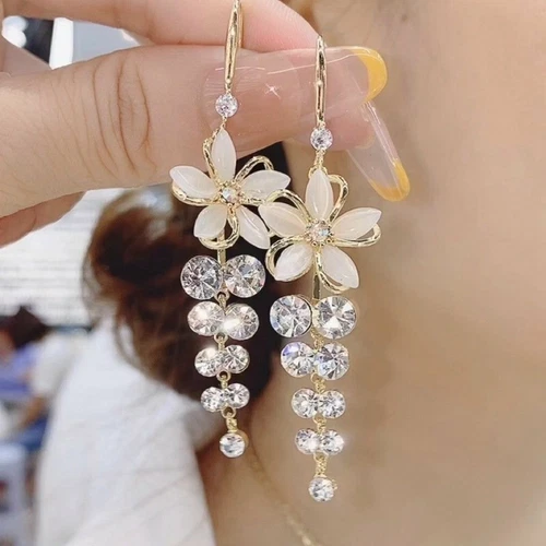 Fashion Flower Crystal Tassel Earrings Hook Women Drop Dangle Jewellery Gifts