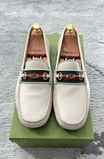 Authentic Gucci Web Interlocking G Cream Leather Mens Loafer US11.5 EU45 UK11