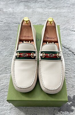 Authentic Gucci Web Interlocking G Cream Leather Mens Loafer US11