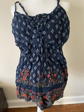 Aqua Romper Womens Medium Blue Floral Print Square Neck Sleeveless Lace-Up