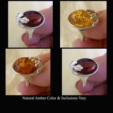 BALTIC GREEN, CITRINE, CHERRY or HONEY AMBER STERLING SILVER HANDMADE LEAF RING