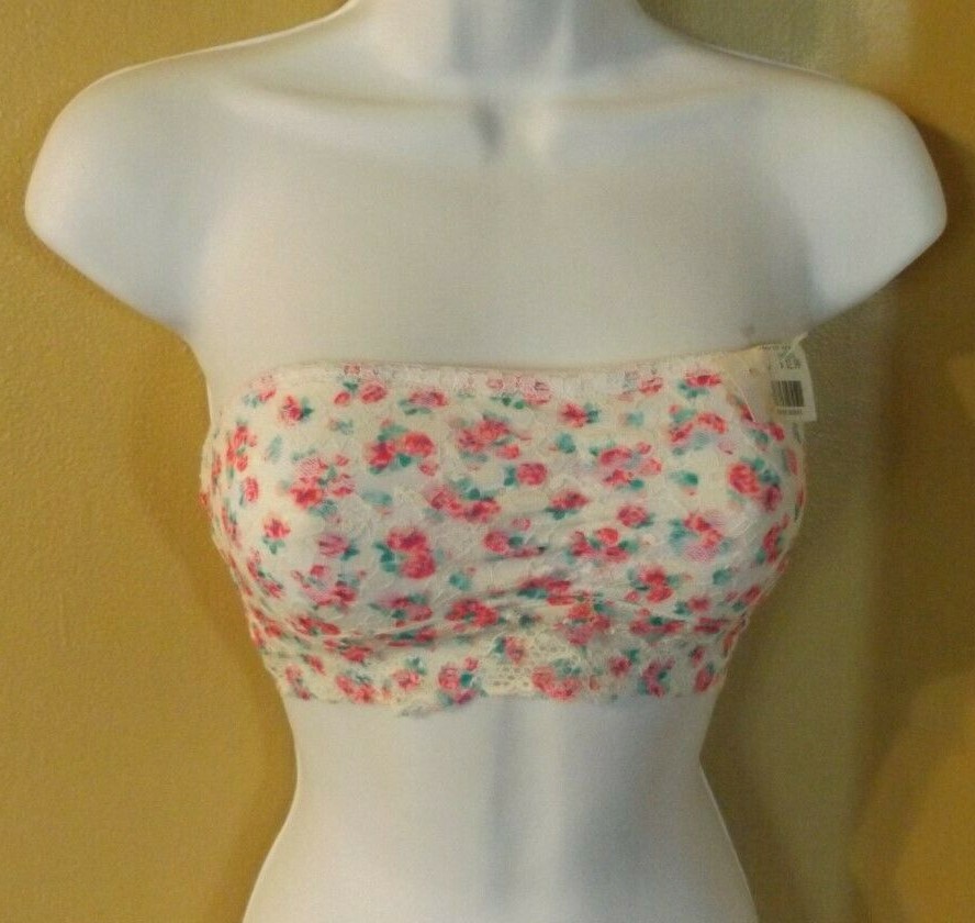 Womens Size M White With PINK Flowers Lace Bandeau Bra BRAND B