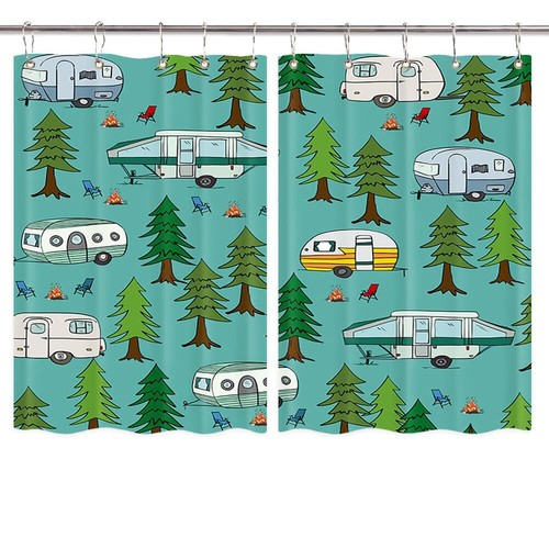 Camping Green Kitchen Curtains Window Drapes 2 Panel Set with Gliders Hooks - Bild 2 von 10