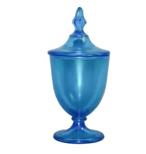 Vtg Fenton Celeste Blue Iridescent Glass Covered Candy Dish Bowl Bon Bon Compote