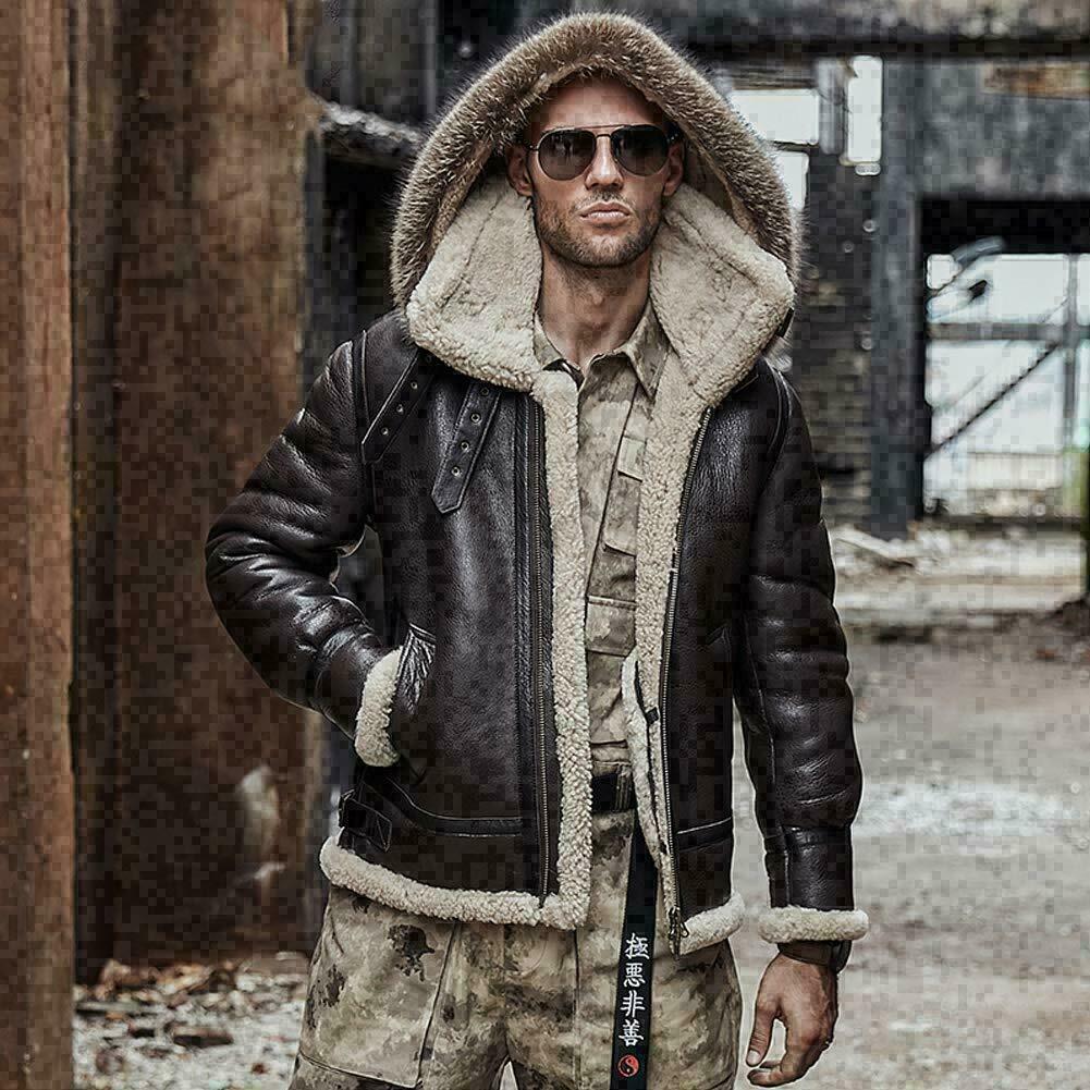 MEN'S RAF FLIGHT AVIATOR REAL SHEEPSKIN FUR SHEARLING B3 BOMBER LEATHER JACKET