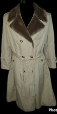 Handmade Faux Fur Lined Double-Breasted Khaki/Brown Trench Coat Women 10/12 VTG