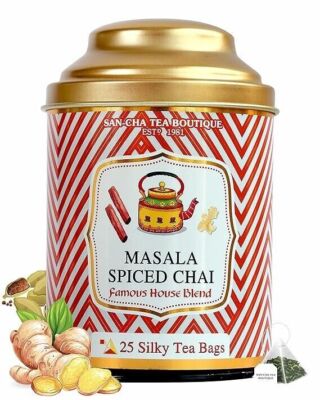 SAN CHA Masala Chai Tea Bags, 25 Pyramid Tea Bags Real Ginger/Cinnamon.