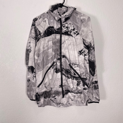 Lululemon White with Black & Grey Abstract Patterned Hooded Windbreaker Water Re