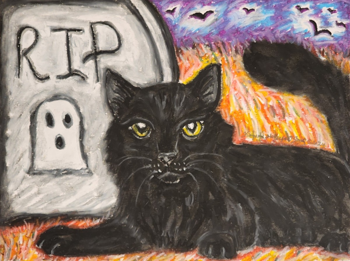 BLACK CAT 13x19 Halloween Art Print Signed Artist KSams Bats Ghost