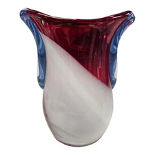 Red And White Abstract Hand Blown Art Glass Thick Vase NO Chips or Cracks READ
