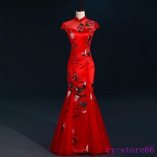 Damen Cheongsam Langes Fischschwanzkleid Abend Slim Fit Qipao Blumen Damenkleid - Bild 8 von 14