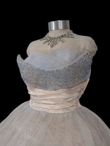 Vtg 50s Prom Dress XS S Blue Pink Ruffle Tulle Gown Floor Length Long Strapless - Picture 18 of 24
