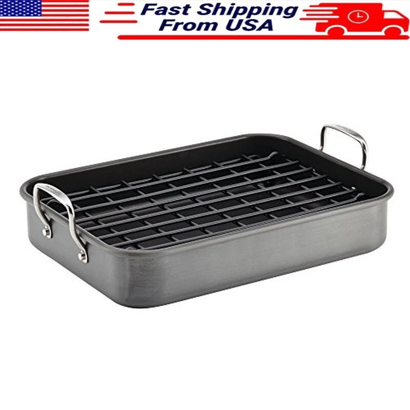 Non-Stick Roasting Pan W/ Dual Height Rack Durable Aluminum Cooking Tool Gray US