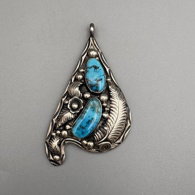 Vintage Navajo Sterling Silver Pendant Turquoise JW Native American 22.17g
