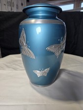 LARGE ALUMINUM CREMATION URN FOR HUMAN ASHES BLUE BUTTERFLY 10 1/2 INCHES