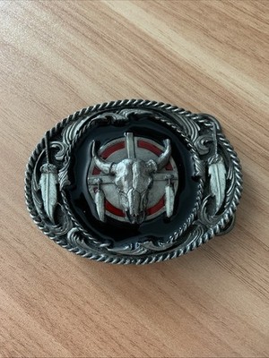 Siskiyou Belt Buckle Bull Skull Indian Feathers Rodeo Cowboy Western 1996