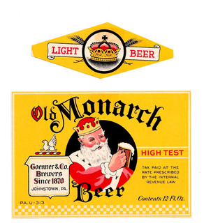 1933 GOENNER & CO JOHNSTOWN PA OLD MONARCH BEER U PERMIT IRTP LABEL SET