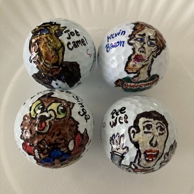 4 Goofyart Golf Balls Kevin Bacon , Joe Camel , Owl Jolson, Peewee Herman