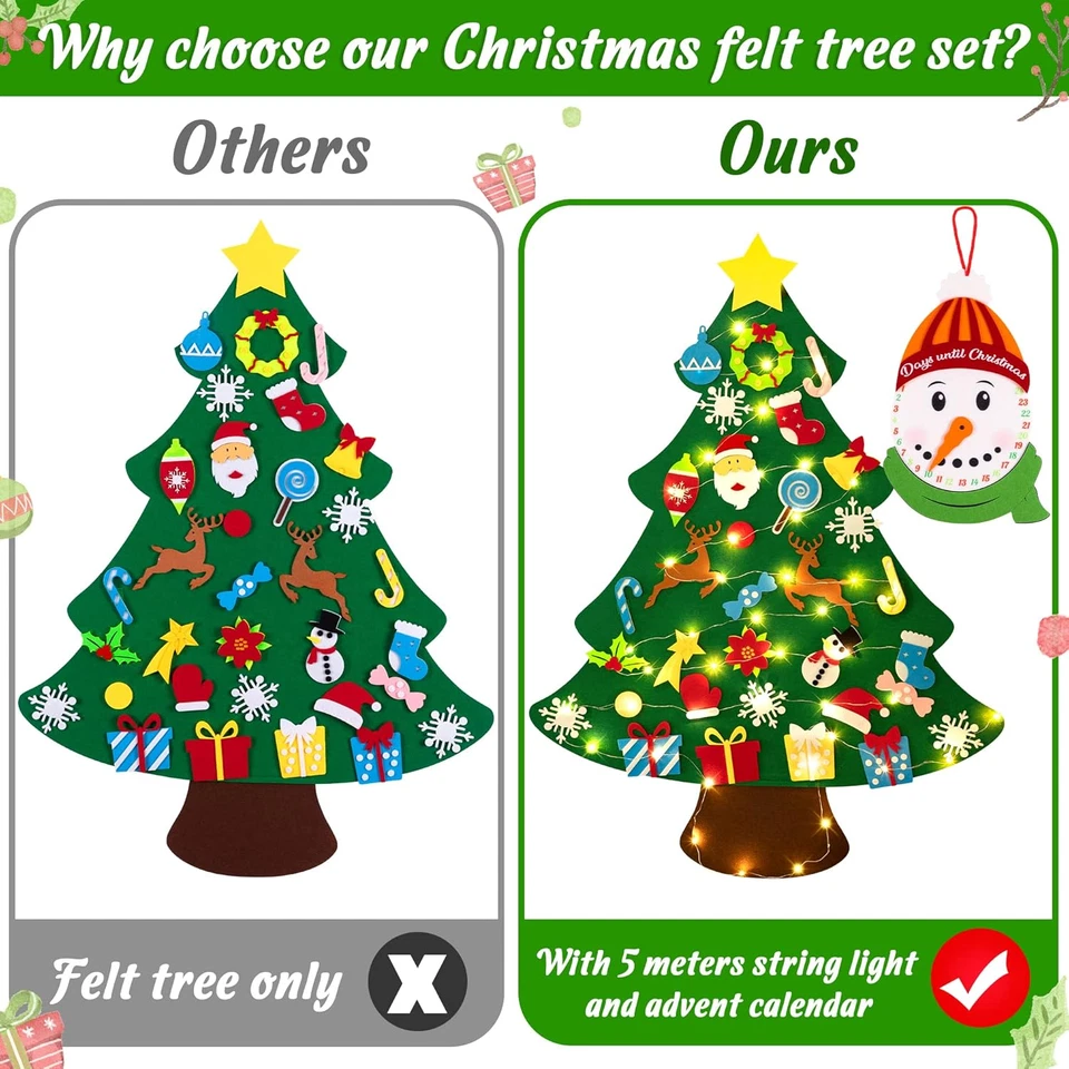 3Ft DIY Felt Christmas Tree Set + Snowman Advent Calendar - Xmas Decorations Wal - Image 3 of 4