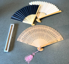 Lot of 3 Vintage Japanese Folding Hand Fans, Pink Tassel, Storage Case, Wood